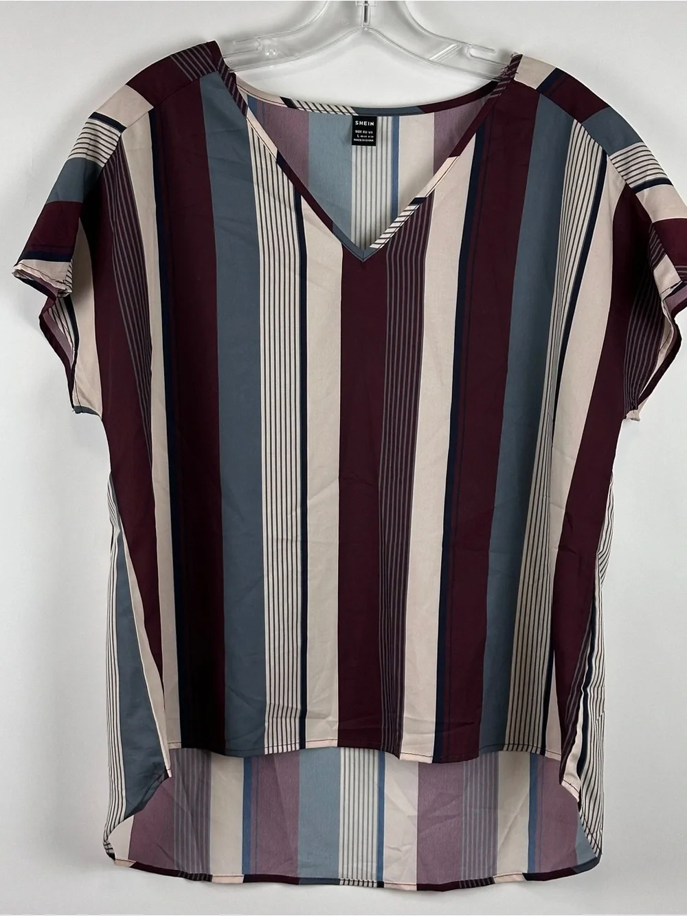 SHEIN Women's Striped V-Neck Blouse Short Sleeve High-Low Casual Tunic Top